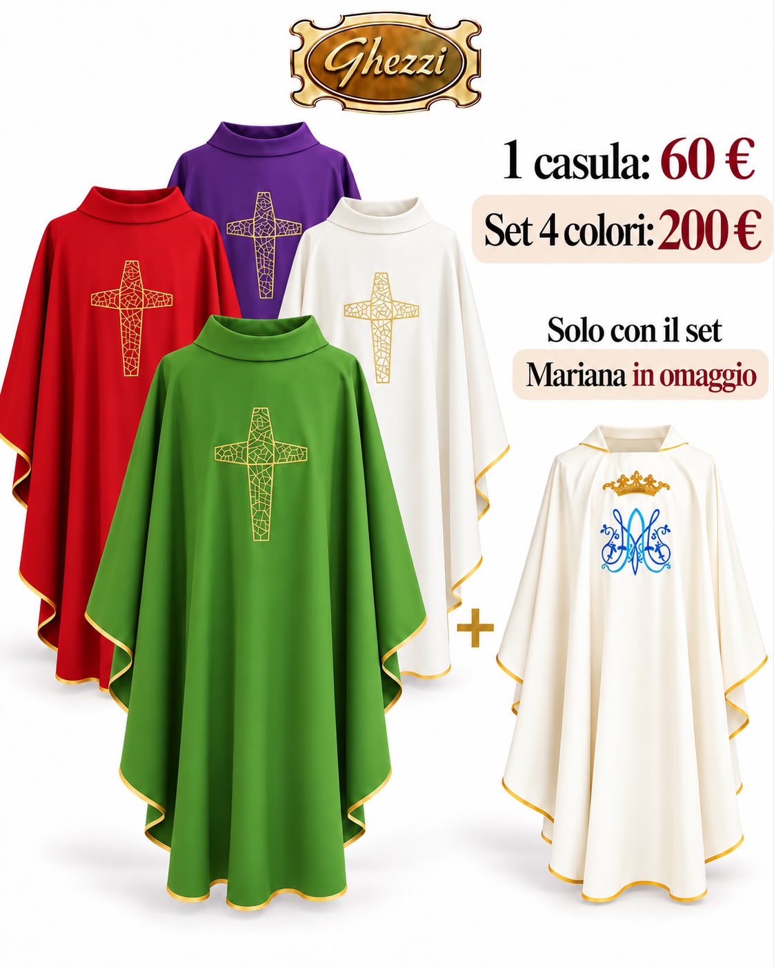 Casula con croce mosaico – Set 4 colori con casula Mariana in omaggio